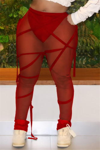 Red Fashion Sexy Solid Draw String See-through Regular Mid Waist Trousers