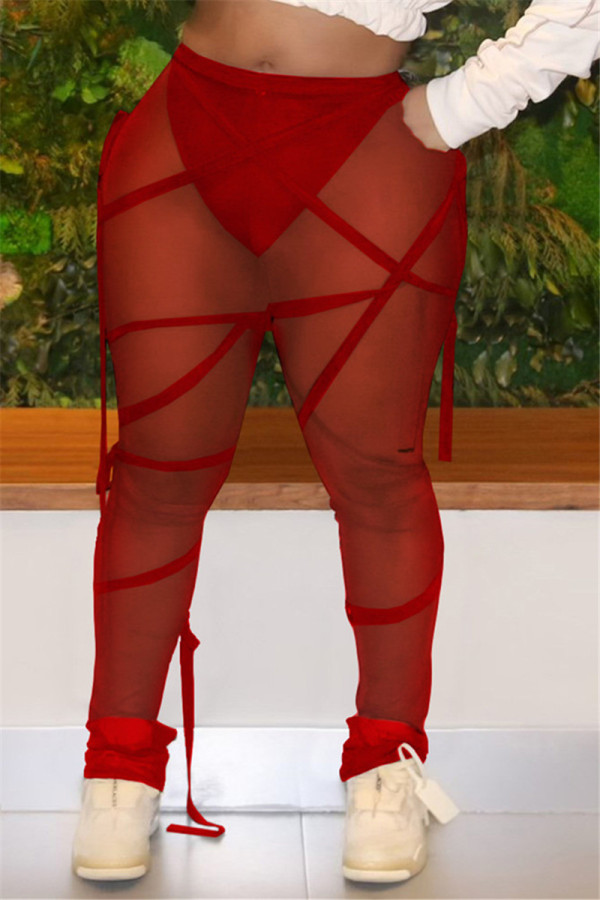 Calça vermelha fashion sexy com cordão sólido transparente transparente de cintura média