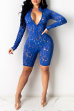 Blauwe mode Sexy effen uitgeholde doorschijnende kraag met ritssluiting Skinny Romper