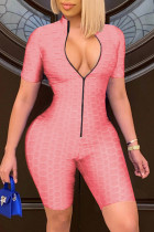 ピンク ファッション カジュアル ソリッド ベーシック ジッパー カラー スキニー ロンパース
