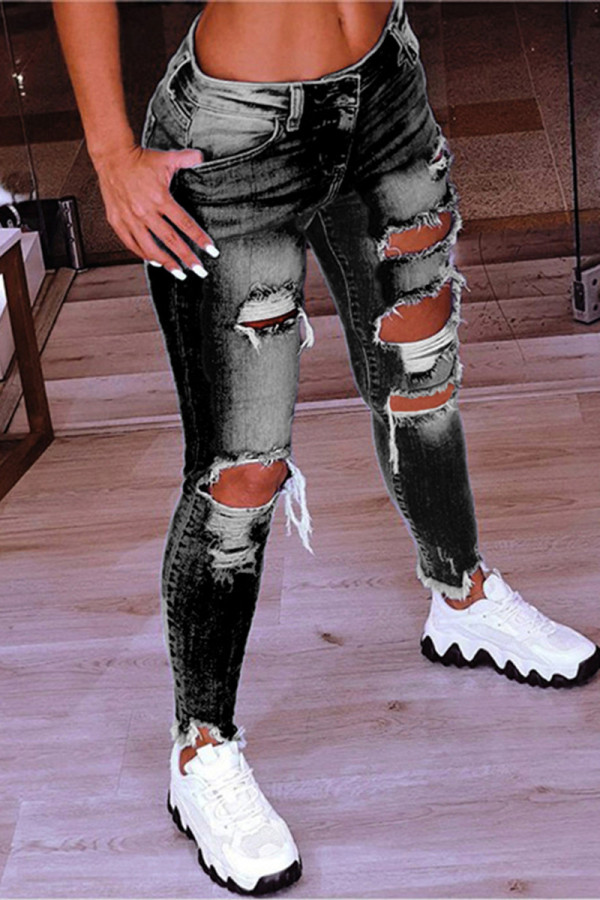 Zwarte mode casual effen gescheurde normale jeans met lage taille