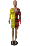 Red Yellow Fashion Casual Print Patchwork V Neck Long Sleeve Dresses