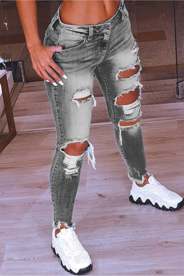 Jeans regulares de cintura baja rasgados sólidos casuales de moda gris