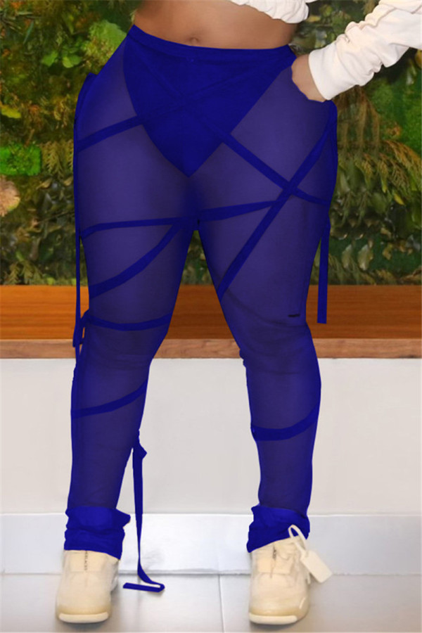 Pantalones de cintura media regulares transparentes con cordón de dibujo sólido sexy de moda azul real