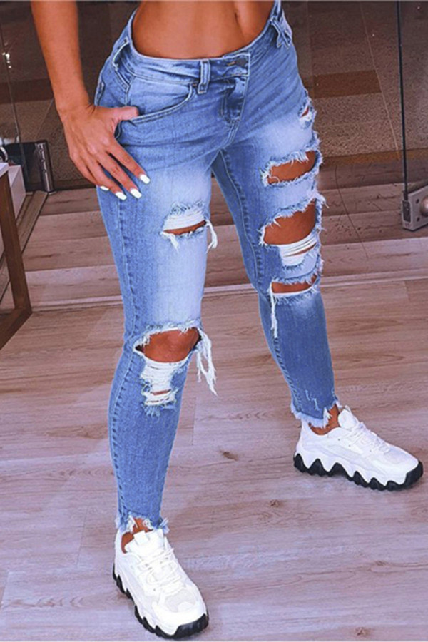 Babyblauwe mode casual effen gescheurde normale jeans met lage taille