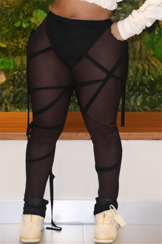 Calças pretas fashion sexy com cordão sólido transparentes de cintura média