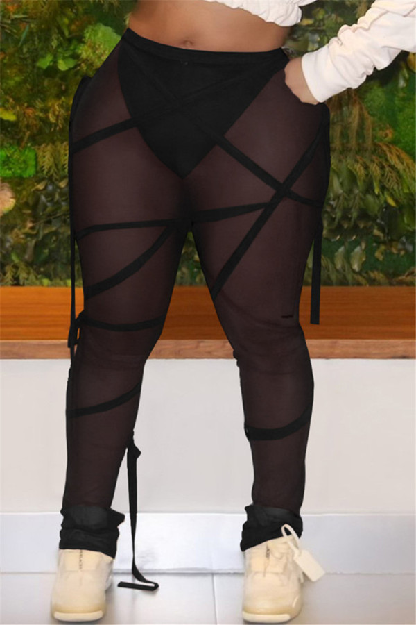 Pantalones de cintura media regulares transparentes con cordón de dibujo sólido sexy de moda negro