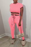 ピンクファッションカジュアルソリッドストラップデザインOネック半袖ツーピース