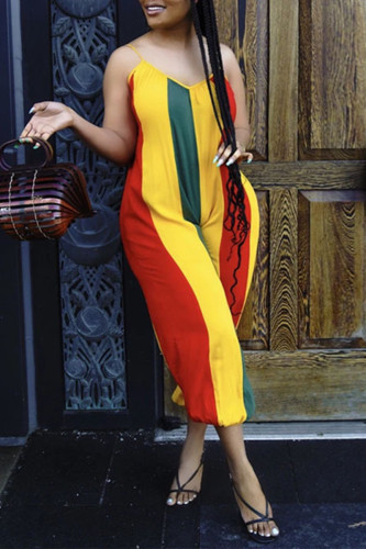 Yellow Sexy Casual Striped Print Backless V Neck Regular Jumpsuits