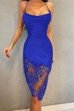 ブルー ファッション セクシー ソリッド パッチワーク バックレス スパゲッティ ストラップ ノースリーブ ドレス ドレス