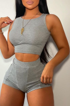 Grey Sexy Solid Patchwork O Neck Sleeveless Two Pieces