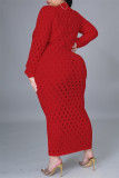 Vestidos vermelhos sexy sólidos vazados transparentes meia gola alta manga longa plus size