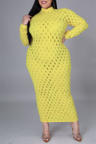 Желтые сексуальные сплошные выдолбленные прозрачные полупрозрачные платья с длинным рукавом и длинными рукавами для больших размеров