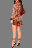 Tangerine Red Sexy Print Hollowed Out V Neck Waist Skirt Dresses
