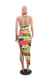 Multicolor Sexy Print High Opening Halter Sleeveless Two Pieces