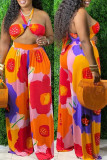 Multi-color sexy print patchwork off-shoulder mouwloze twee stukken