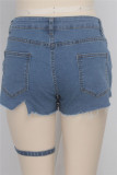 Blue Fashion Sexy Solid Patchwork Mid Waist Straight Jeans Hot Pants Denim Shorts