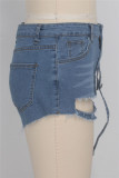 Blue Fashion Sexy Solid Patchwork Mid Waist Straight Jeans Hot Pants Denim Shorts
