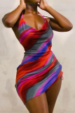 Multi-color Sexy Print Draw String Halter Pencil Skirt Dresses