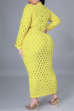Geel sexy effen uitgeholde doorschijnende halve coltrui lange mouwen plus size jurken