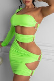 Grüne Mode Sexy Solide Ausgehöhlte Backless One-Shoulder-Langarm-Kleider