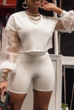 White Sexy Solid Mesh Long Sleeve Two Pieces