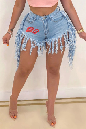 Baby Blue Fashion Sexy Print Mid Waist Straight Jeans Fringed Tassel Denim Shorts