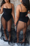 Black Fashion Sexy Solid Patchwork See-through Spaghetti Strap Dress