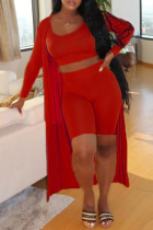 Red Sexy Solid Cardigan Capris U Neck Sleeveless Three Pieces