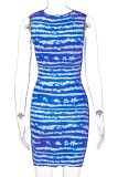 Blue Sexy Print Hollowed Out V Neck Pencil Skirt Dresses