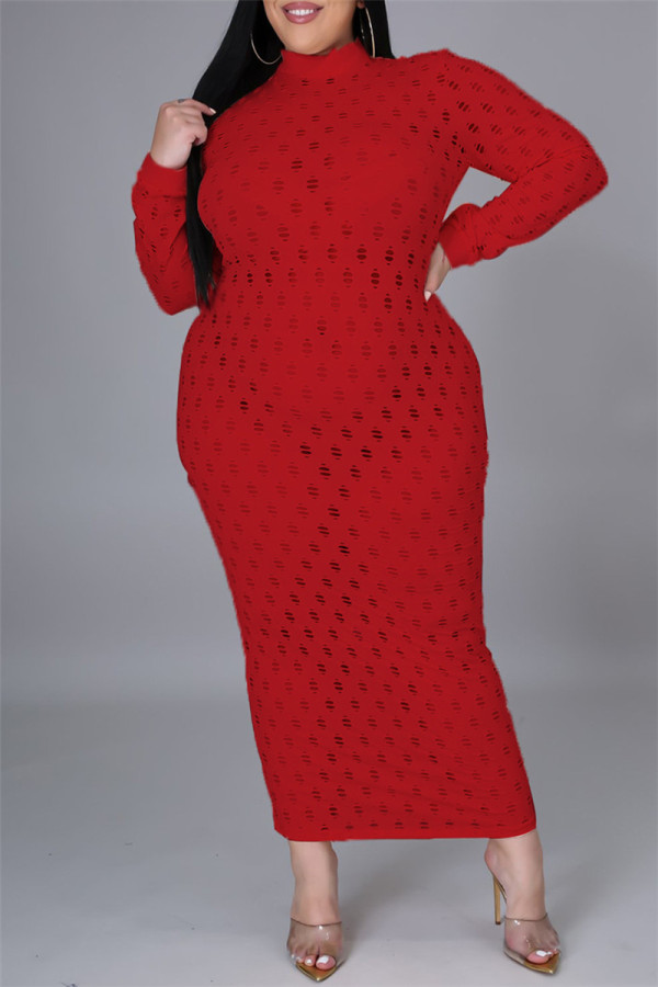 Röd sexig solid urholkad genomskinlig halv turtleneck långärmad klänningar i plusstorlek