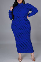 Blauwe sexy effen uitgeholde doorschijnende halve coltrui lange mouwen plus size jurken