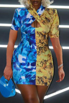 Veelkleurige mode sexy print uitgeholde patchwork jurk met korte mouwen