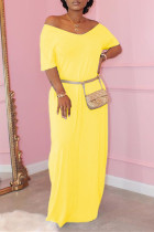 Vestido de manga corta con cuello en V básico sólido casual de moda amarillo
