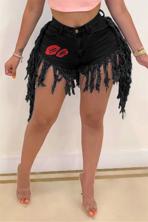 Black Fashion Sexy Print Mid Waist Straight Jeans Fringed Tassel Denim Shorts
