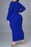 Синее сексуальное однотонное прозрачное прозрачное полуводолазка с длинным рукавом платья больших размеров