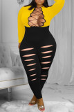 White Sexy Casual Patchwork Ripped Hollowed Out O Neck Plus Size Jumpsuits