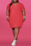 Red Fashion Casual Plus Size Solid Basic V Neck Short Sleeve Dress