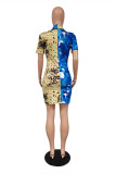 Multicolor Fashion Sexy Print Hollowed Out Patchwork Short Sleeve Dress