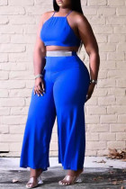 Deep Blue Sexig Casual Solid Backless Spaghetti Strap Plus Size Two Pieces
