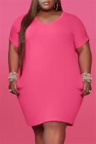 Розовое модное повседневное однотонное базовое платье больших размеров с v-образным вырезом и коротким рукавом