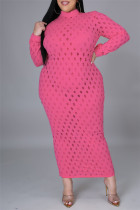 Rosa sexig solid urholkad genomskinlig halv turtleneck långärmad klänningar i plusstorlek
