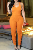 Macacão regular laranja fashion casual com dobra em U decote em U