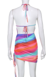 Multi-color Sexy Print Draw String Halter Pencil Skirt Dresses