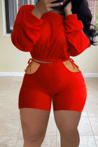 Красный модный сексуальный сплошной выдолбленный ремешок с круглым вырезом и длинным рукавом из двух частей