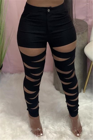 Pantalones de lápiz de cintura alta ajustados rasgados sólidos sexy de moda negro