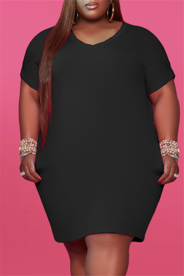 ブラックファッションカジュアルプラスサイズソリッドベーシックVネック半袖ドレス