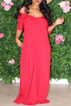 Красное модное повседневное однотонное базовое платье с v-образным вырезом и коротким рукавом