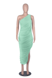 Lake Green Casual Solid High Opening One Shoulder Sleeveless Dress Dresses