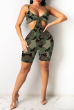 Army Green Fashion Sexy Print Hollowed Out Backless V Neck Sling Romper